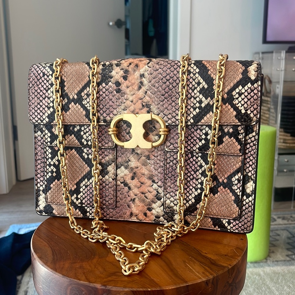 Tory Burch Gemini Link Snakeskin Medium Shoulder Bag Excellent Preowned Cond